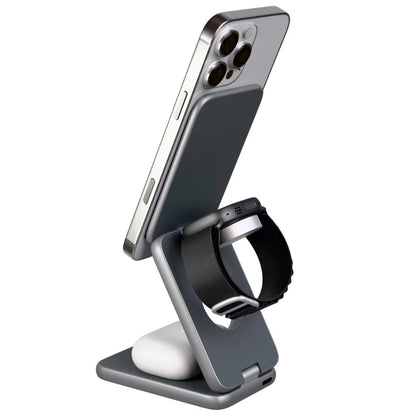 Phone, watch, and smart tag on a stand with a white background