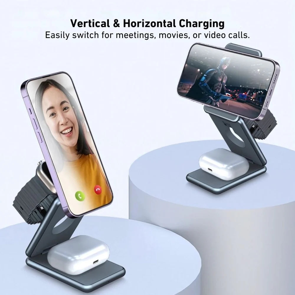 Multi-device charging stand with smartphone, tablet, and smartwatch on a white background