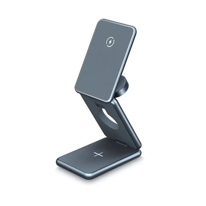 Gray wireless charging stand on a white background