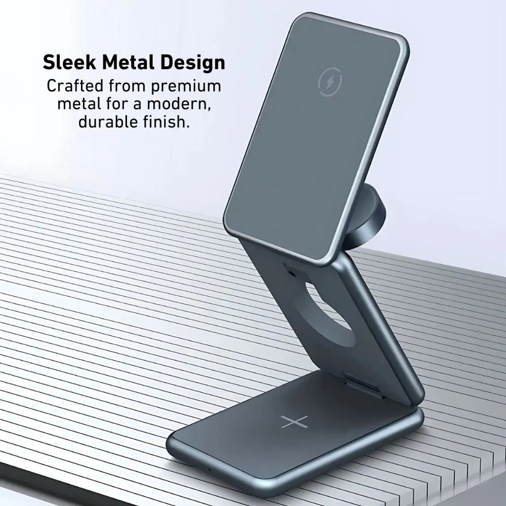 Metal phone stand with text highlighting sleek design and premium metal construction.