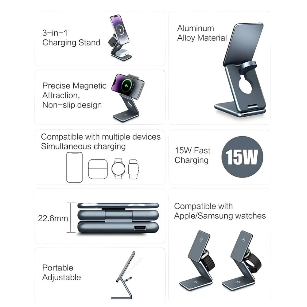 3-in-1 charging stand with features listed on a white background