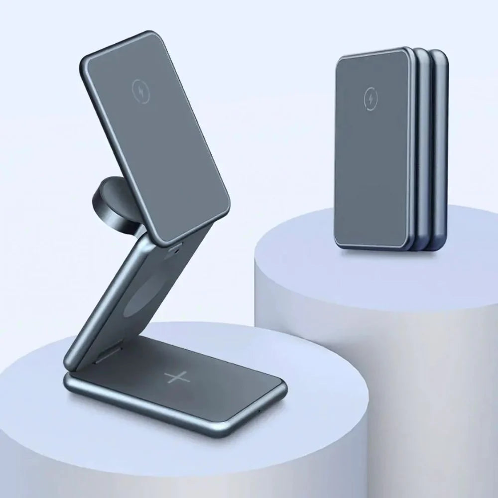 Wireless charging stand with smartphone on a light gray background