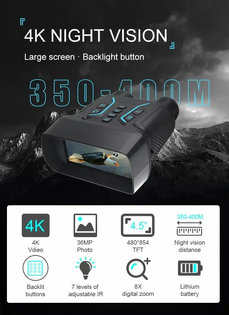 4K night vision device with specifications on a dark background
