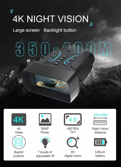 4K night vision device with specifications on a dark background