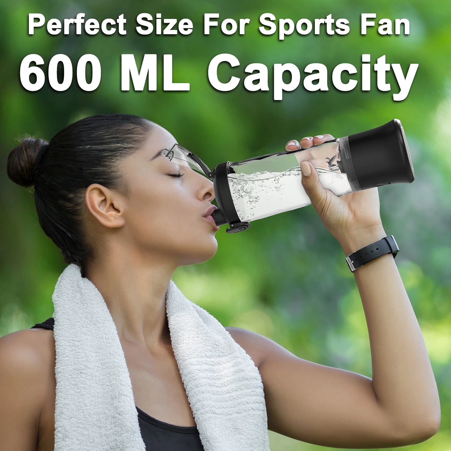 person drinking from a 600ml portable blender cup designed for smoothies, juices, and on-the-go nutrition

