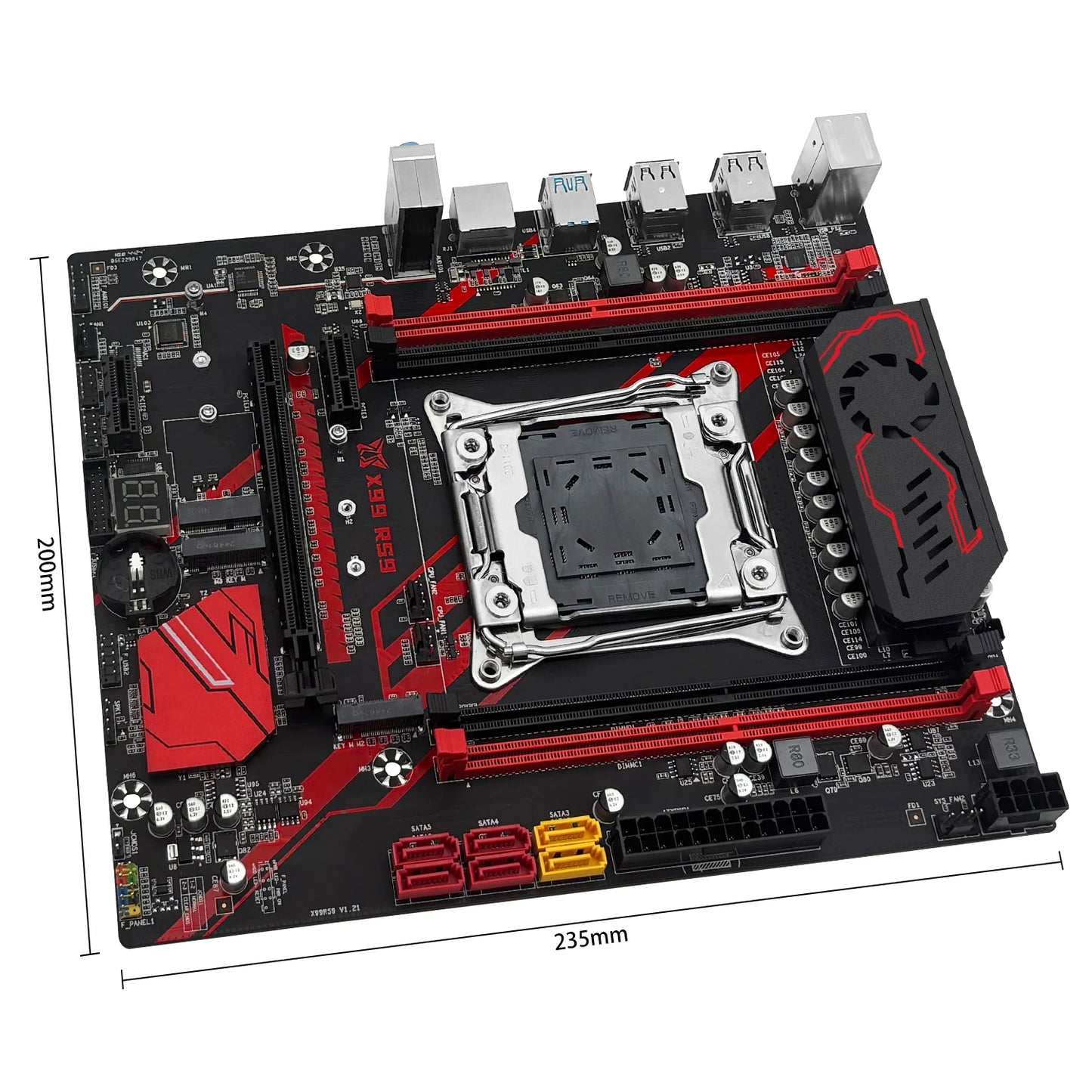 Computer motherboard with red and black design on a white background