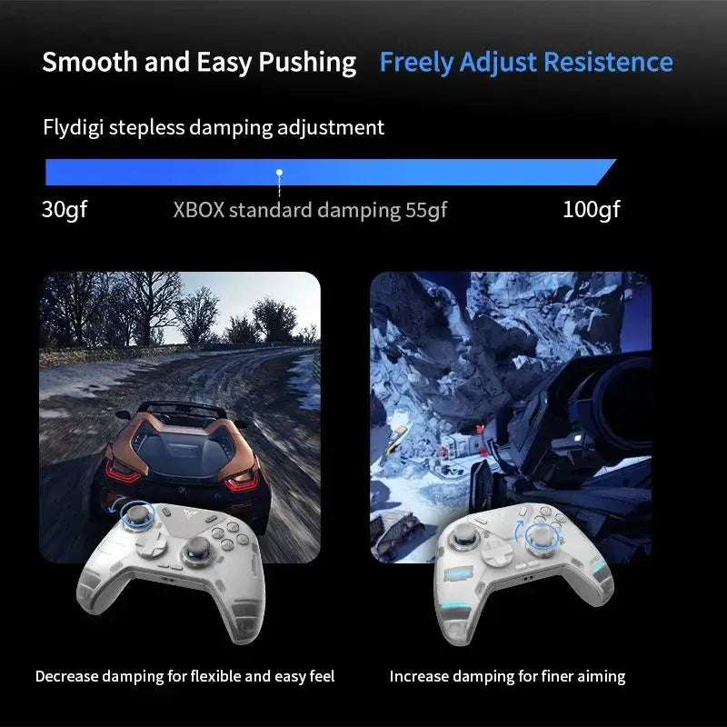 Gaming controller with adjustable damping settings shown on a screen, featuring two different gameplay scenarios.