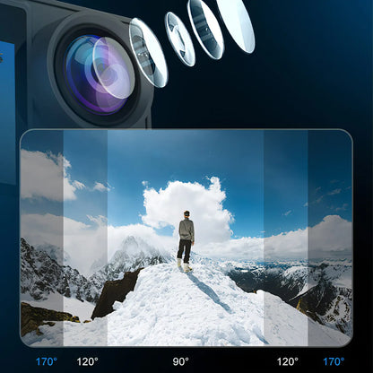 Puruxe Action Camera lens with a view of a person on a snowy mountain peak, showing field of view angles.