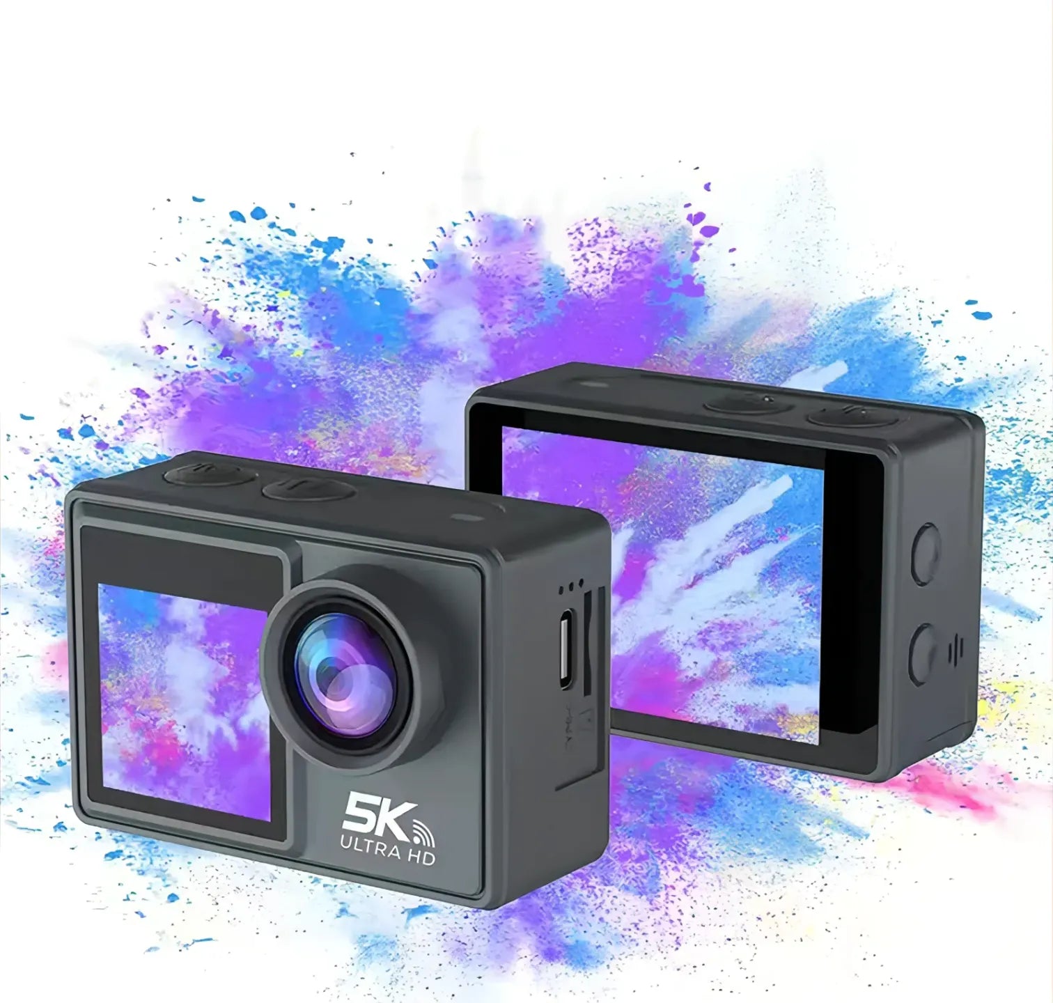 Puruxe Action Camera with screen on a colorful abstract background