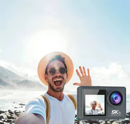 Man taking a selfie with a 5K Ultra HD Puruxe Action Camera on a beach.
