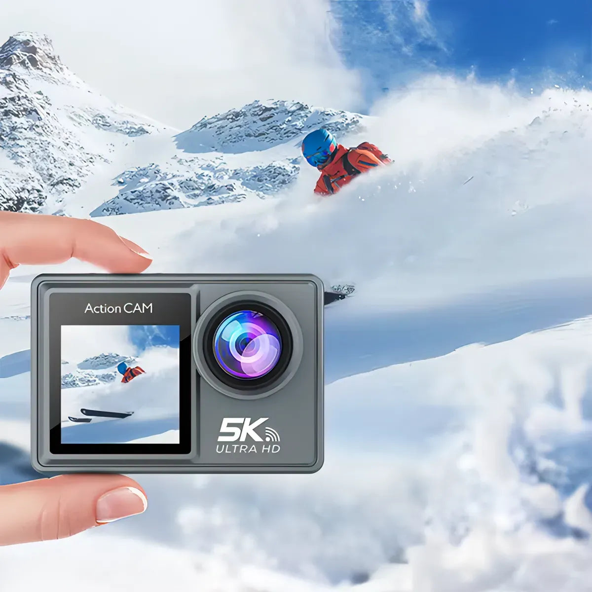 Puruxe Action Camera held in front of a snowy mountain landscape