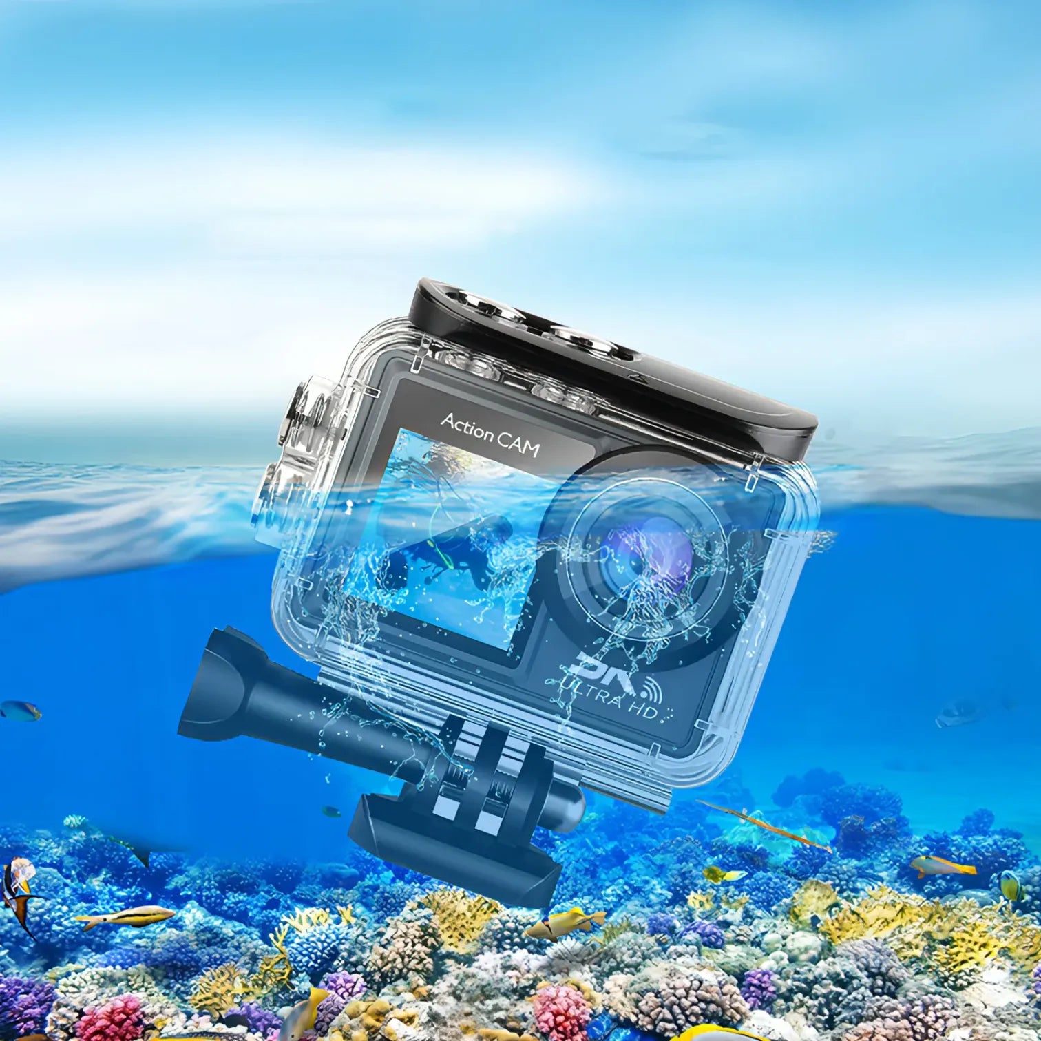 Puruxe Action Camera with underwater housing on a coral reef background
