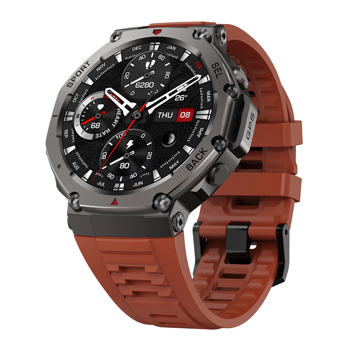 Aegis XS GPS-Sportswatch /Around
 with a brown strap on a white background