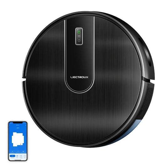 Black AeroBot N7S U Robot Vacuum Cleaner with smartphone app interface on a white background