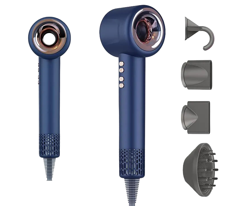 Blue Aerovella Hair Dryer with multiple attachments on a white background