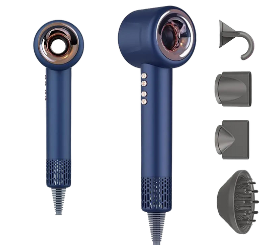 Blue Aerovella Hair Dryer with multiple attachments on a white background