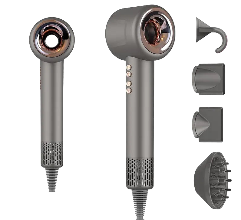 Gray Aerovella Hair Dryer with multiple attachments on a white background