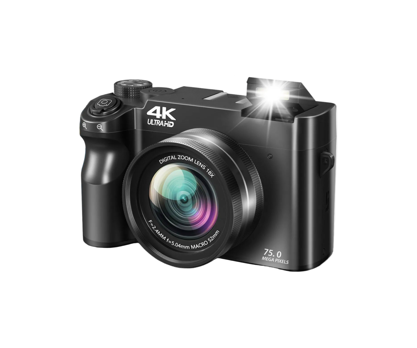 Black Aetheros Digital Camera with 4K Ultra-HD and 75.0 Mega Pixels on a white background