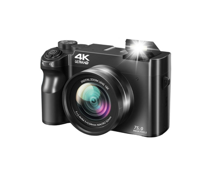 Black Aetheros Digital Camera with 4K Ultra-HD and 75.0 Mega Pixels on a white background