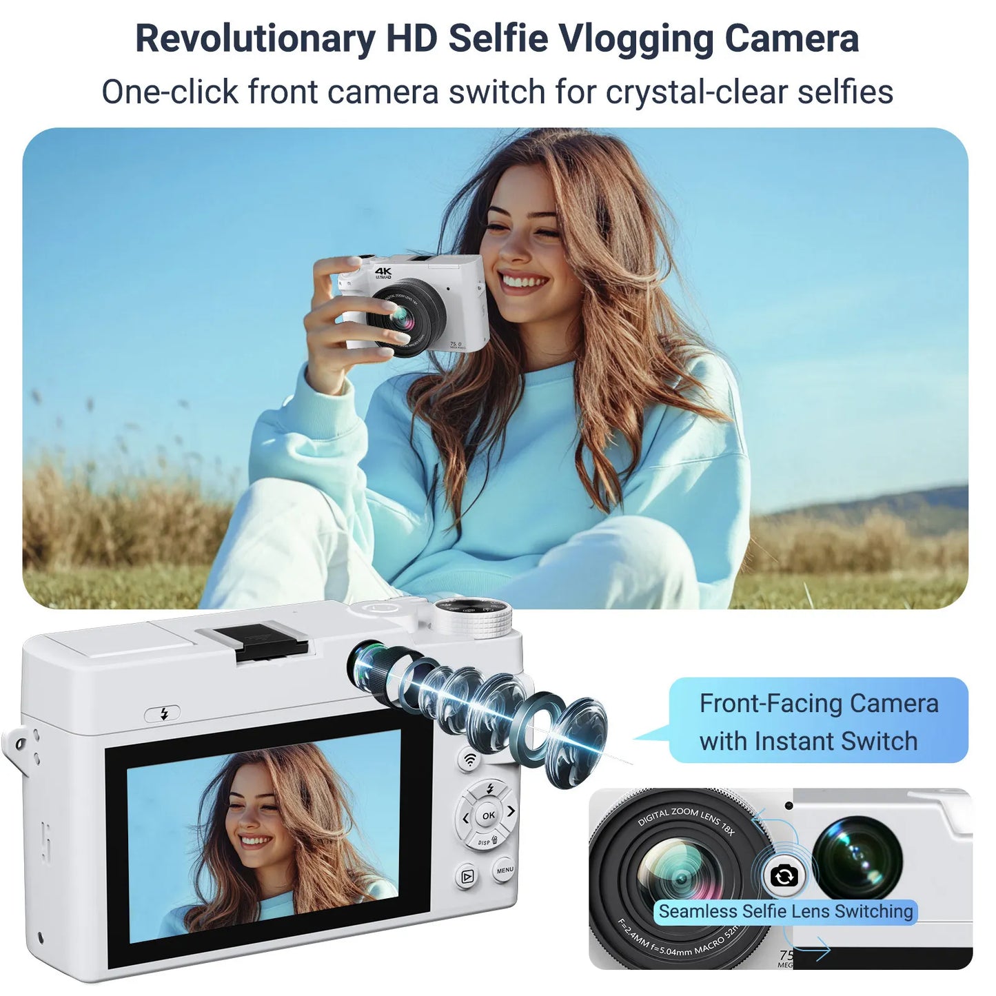 Aetheros Digital Camera with front-facing camera switch for selfies, shown with a person taking a selfie outdoors.