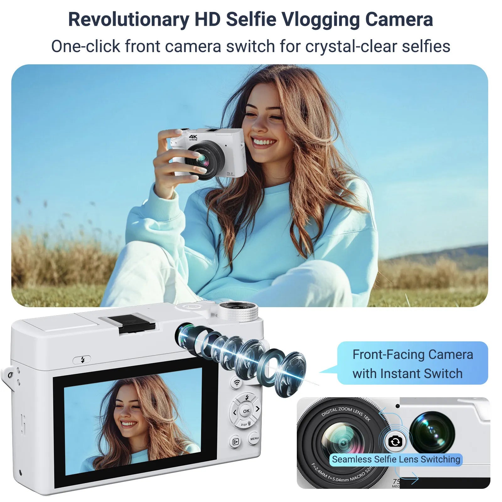 Aetheros Digital Camera with front-facing camera switch for selfies, shown with a person taking a selfie outdoors.
