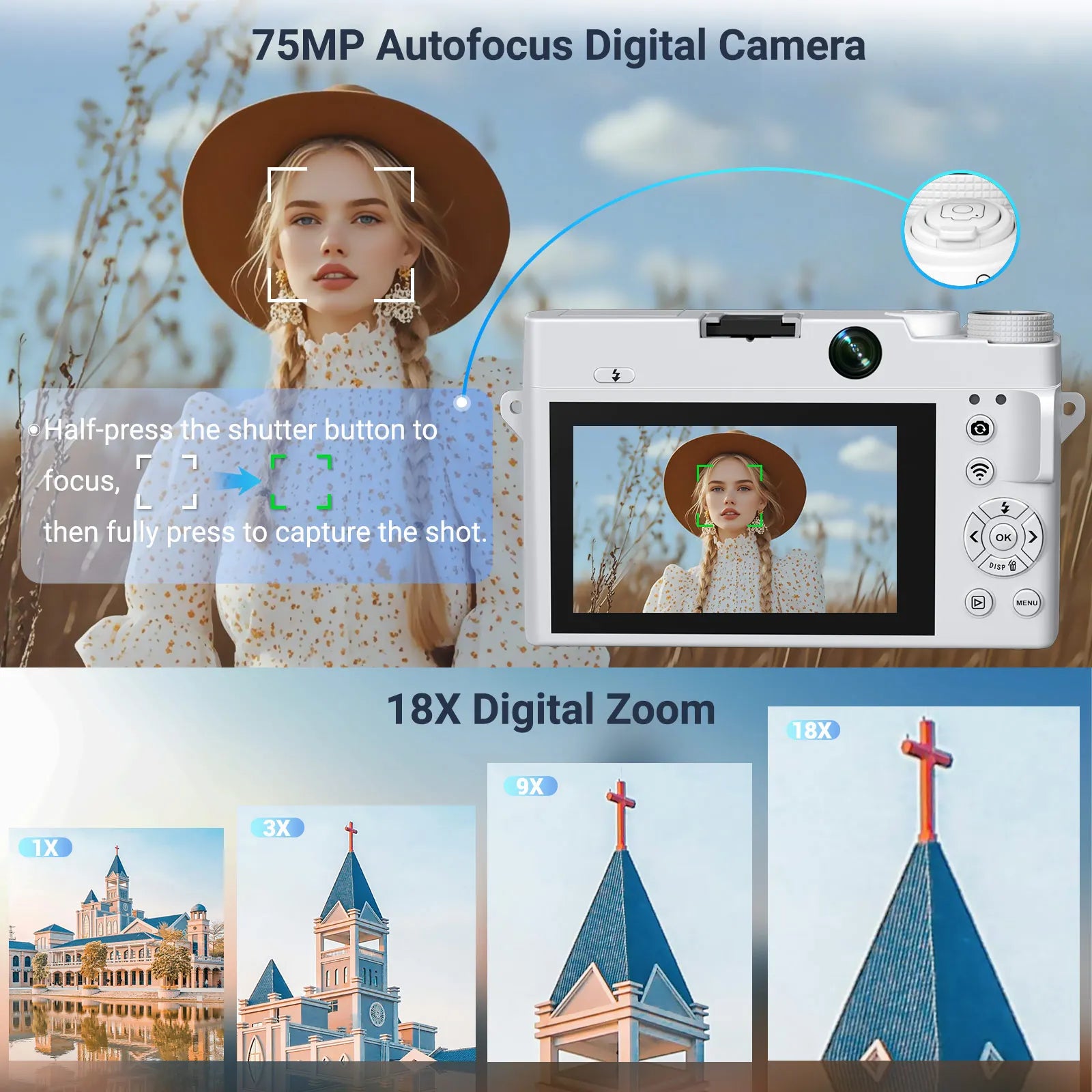 Aetheros Digital Camera with autofocus and 18X digital zoom features, displayed outdoors.