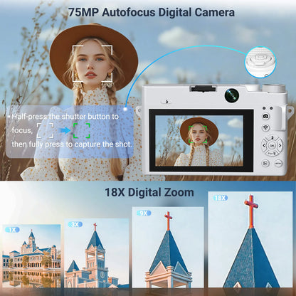 Aetheros Digital Camera with autofocus and 18X digital zoom features, displayed outdoors.