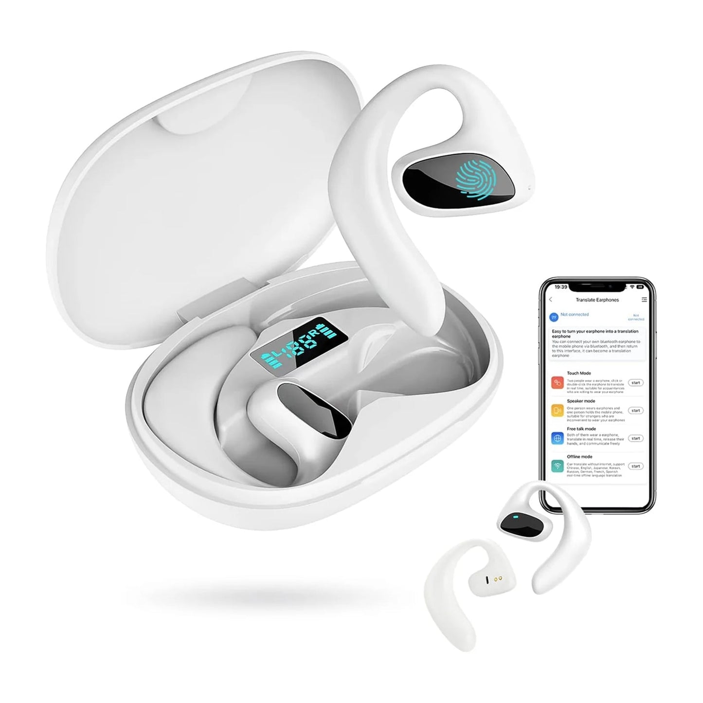 White AilyMur v2 Translator Earbuds with charging case and smartphone app interface on a white background