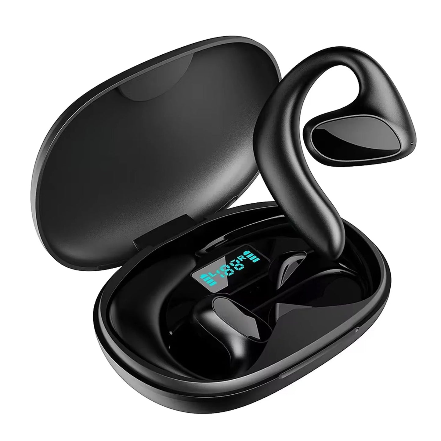 Black AilyMur v2 Translator Earbuds with charging case on a white background