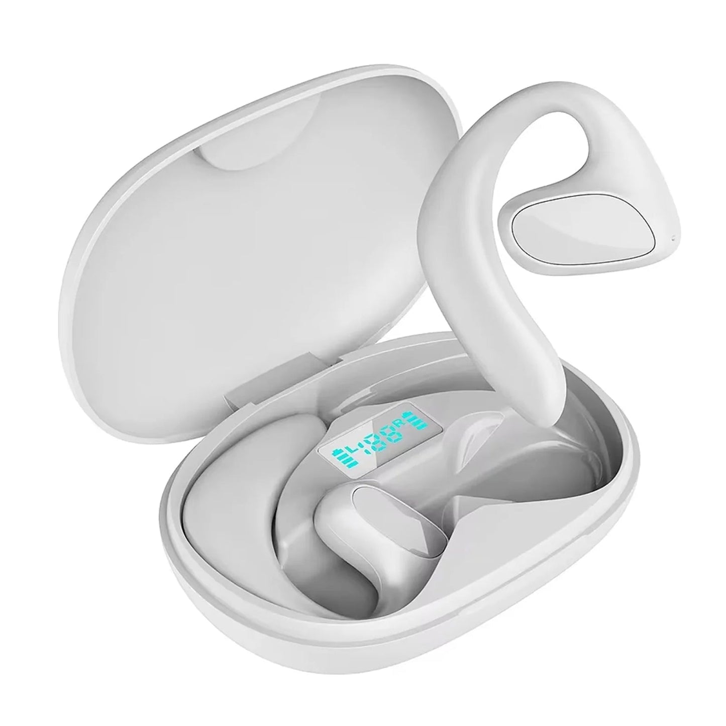 White AilyMur v2 Translator Earbuds in a charging case on a white background