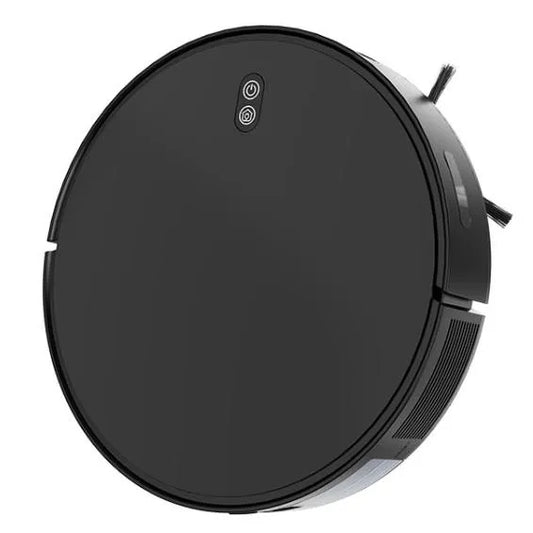 Round black Airvax Robot Vacuum cleaner on a white background