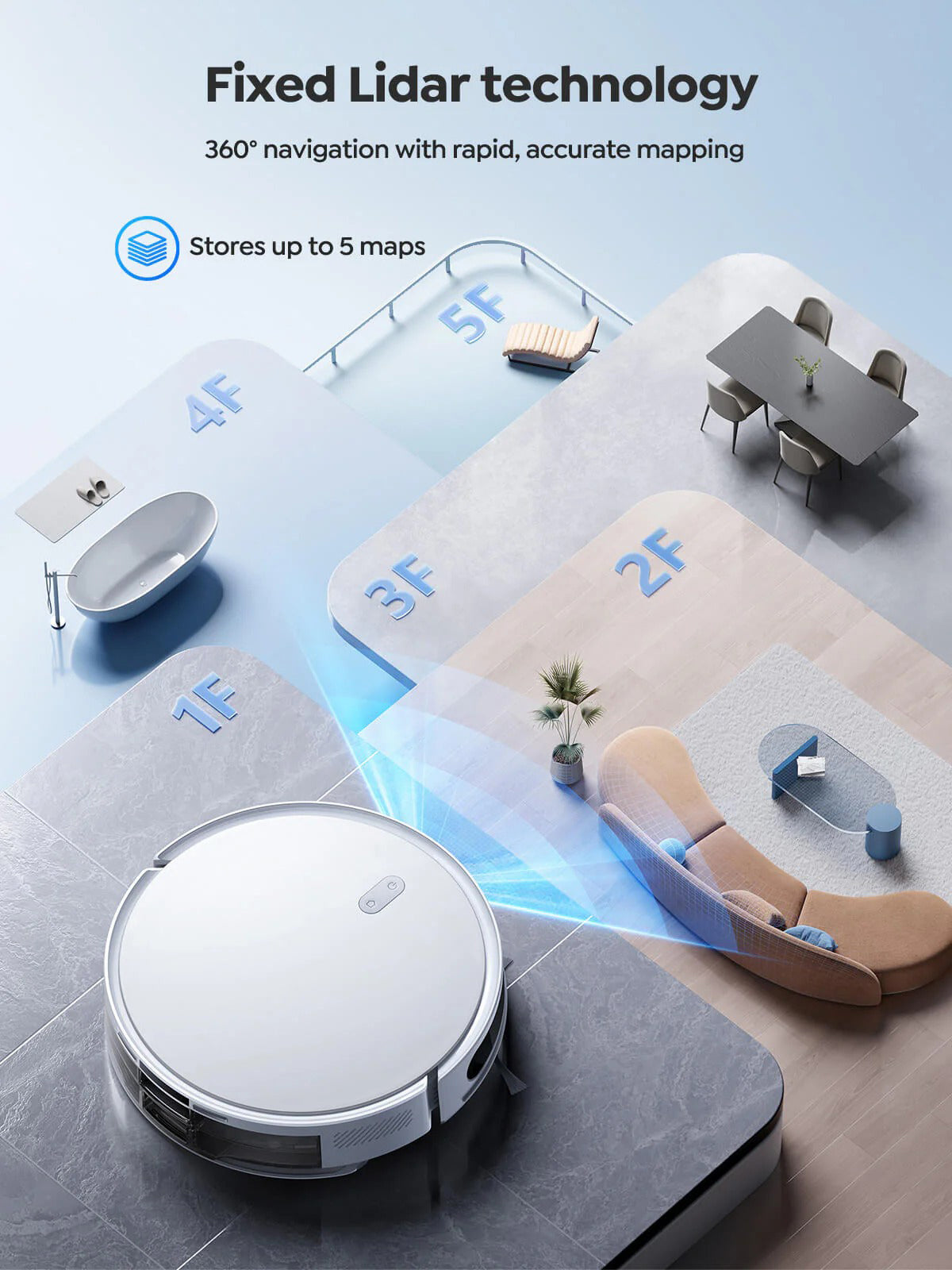 Airvax Robot Vacuum with fixed Lidar technology mapping a room layout.