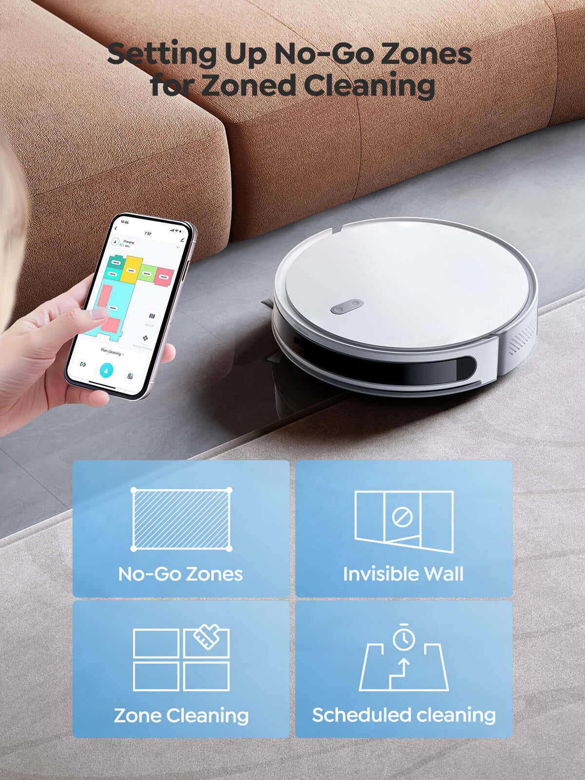Airvax Robot Vacuum on a carpet with a smartphone app interface for setting up no-go zones and cleaning schedules.