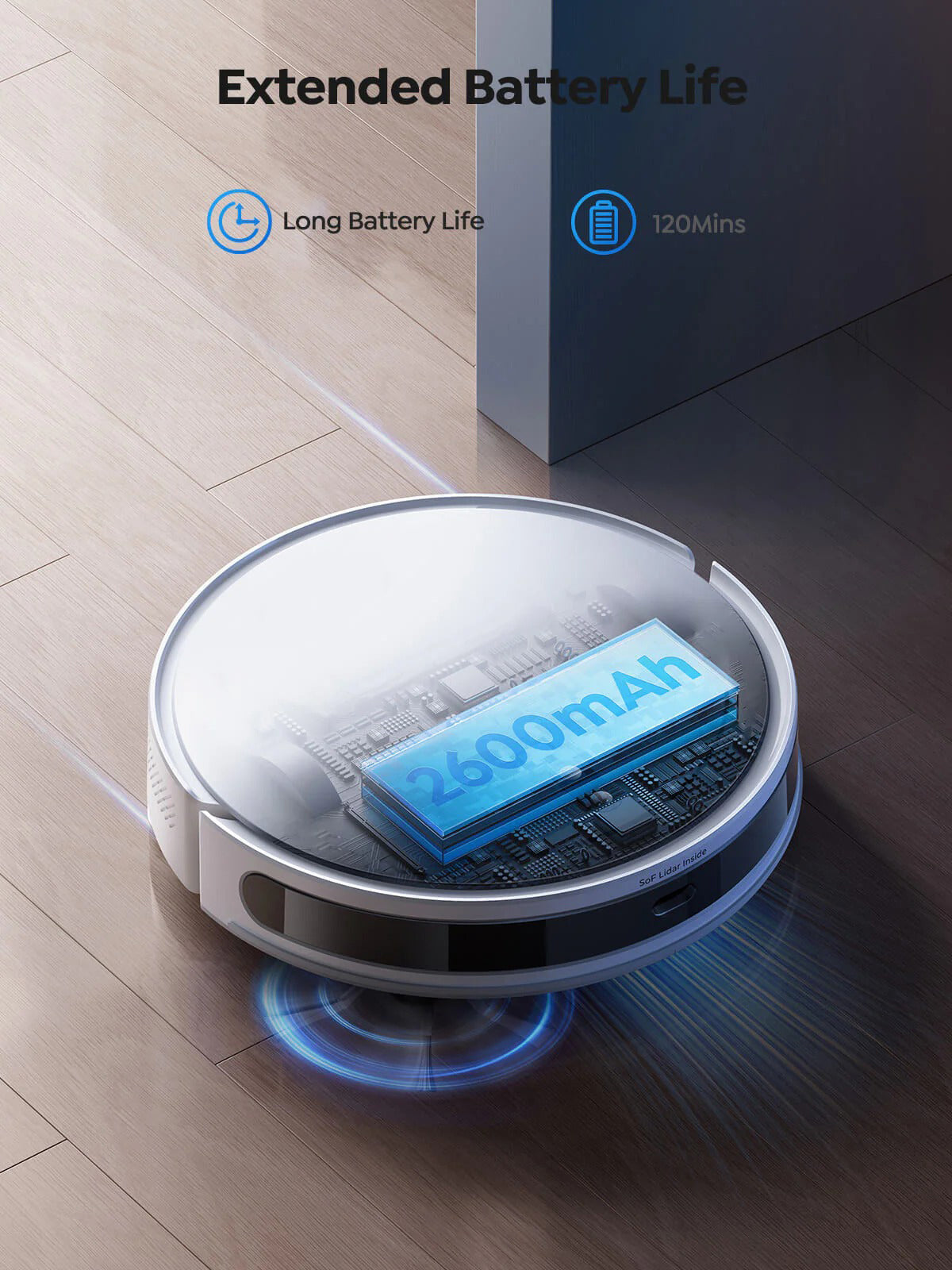Airvax Robot Vacuum with battery pack on a wooden floor, highlighting extended battery life.
