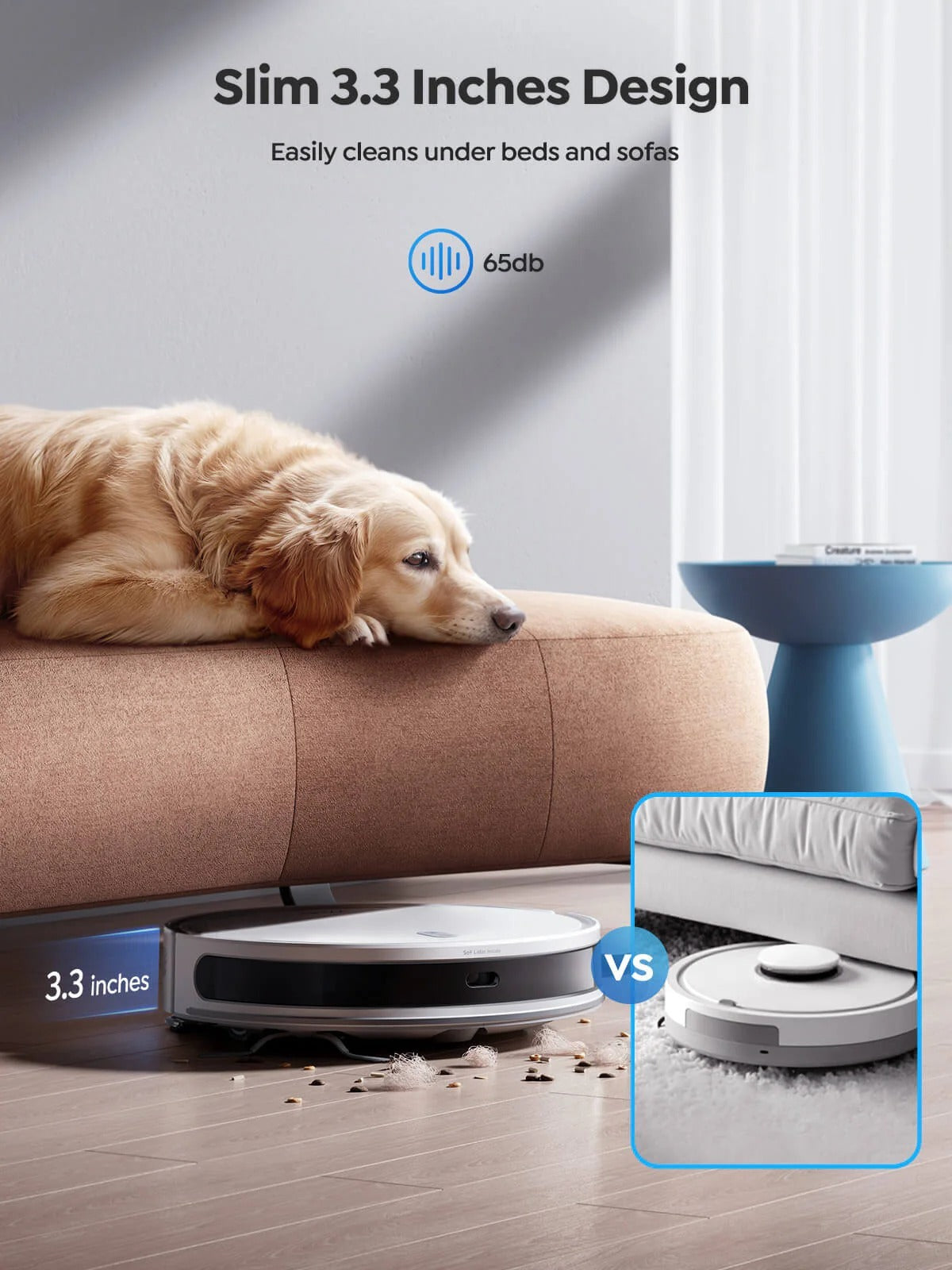 Airvax Robot Vacuum cleaning under a sofa with a dog watching, emphasizing slim design and low noise level.