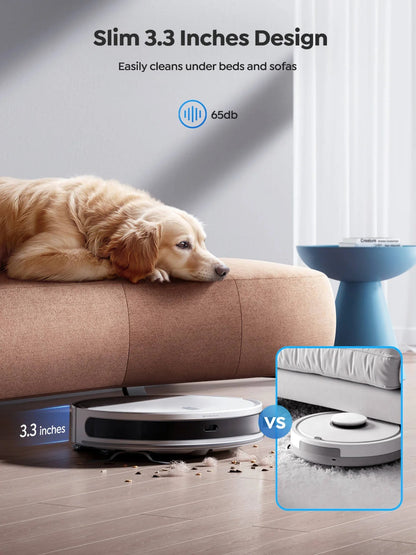 Airvax Robot Vacuum cleaning under a sofa with a dog watching, emphasizing slim design and low noise level.