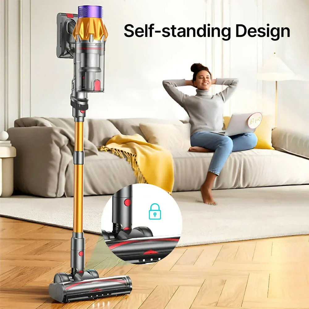 Person sitting on a couch with a Airvax Vacuum Cleaner Y90 PRO in the foreground, highlighting self-standing design feature.