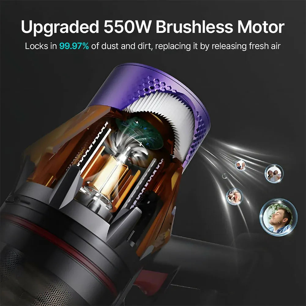 Close-up of a Airvax Vacuum Cleaner Y90 PRO brushless motor with text about its features on a dark background.