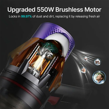 Close-up of a Airvax Vacuum Cleaner Y90 PRO brushless motor with text about its features on a dark background.