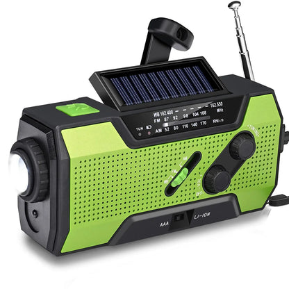Green and black AlerSkyo Emergency Radio with solar panel on a white background