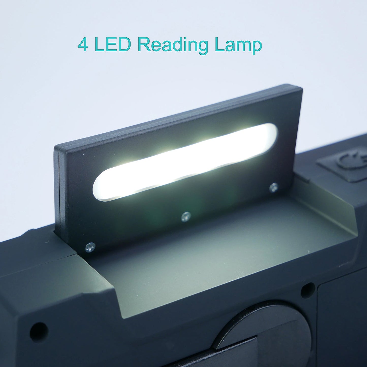 4 LED Reading Lamp on a AlerSkyo Emergency Radio with a light blue background