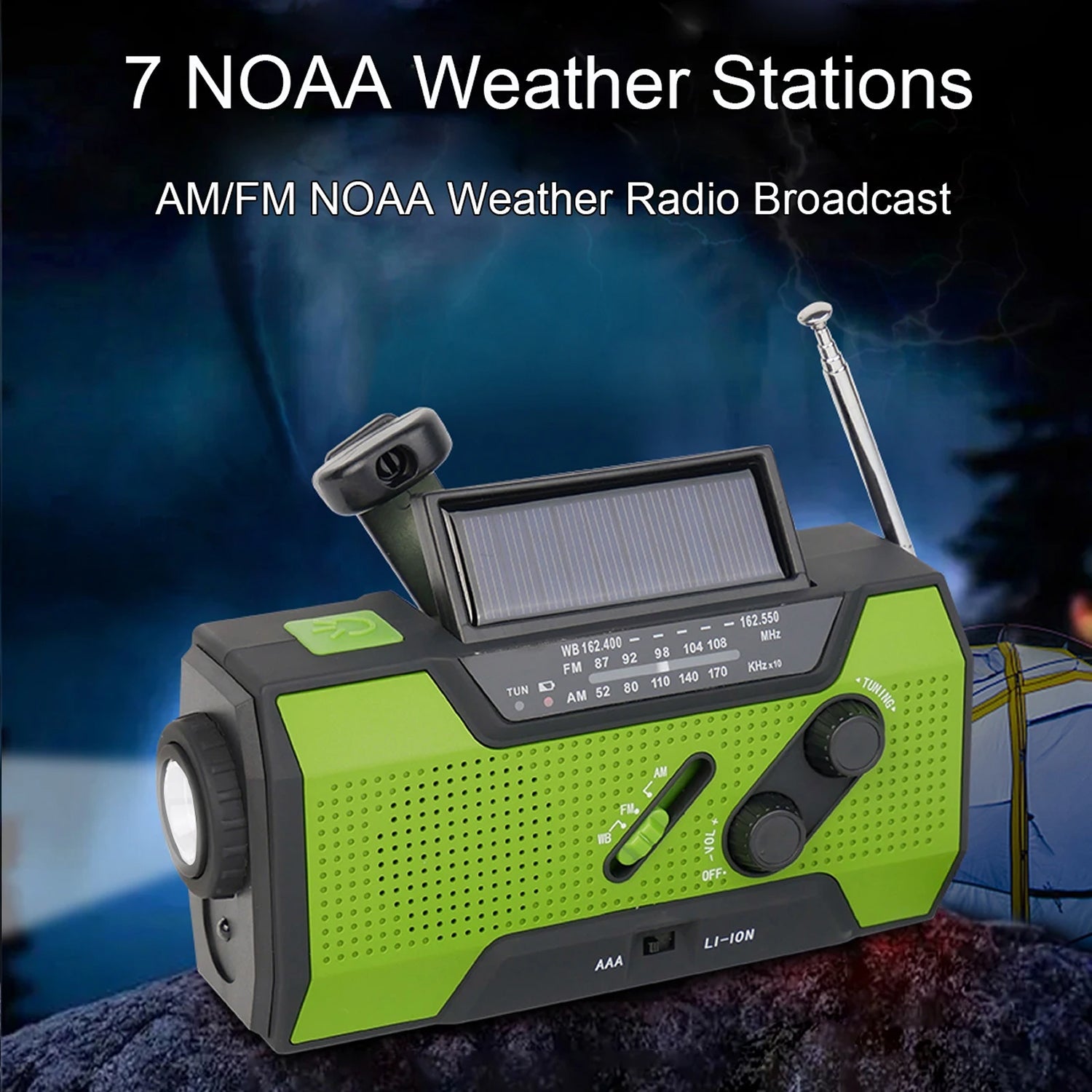 Green and black NOAA weather AlerSkyo Emergency Radio with solar panel on a dark background
