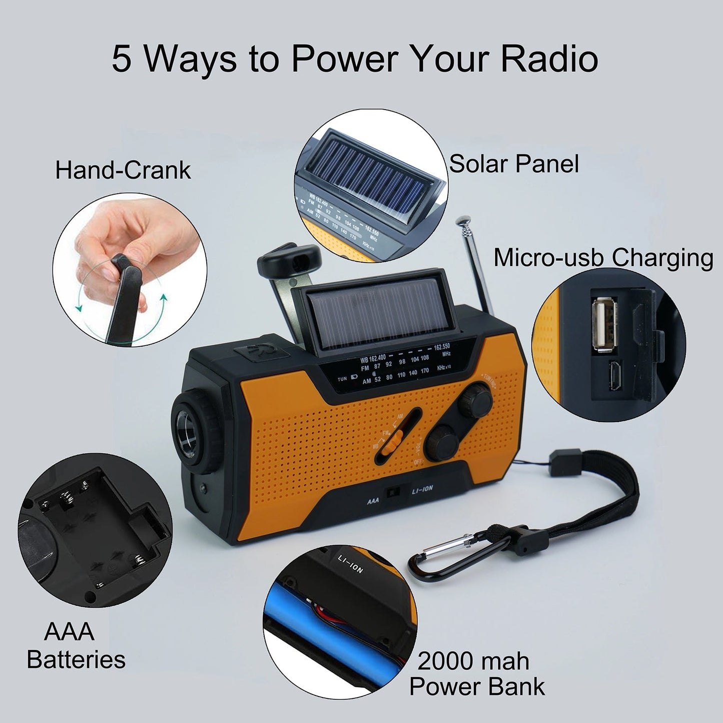 Multifunctional AlerSkyo Emergency Radio with power bank and charging options on a gray background