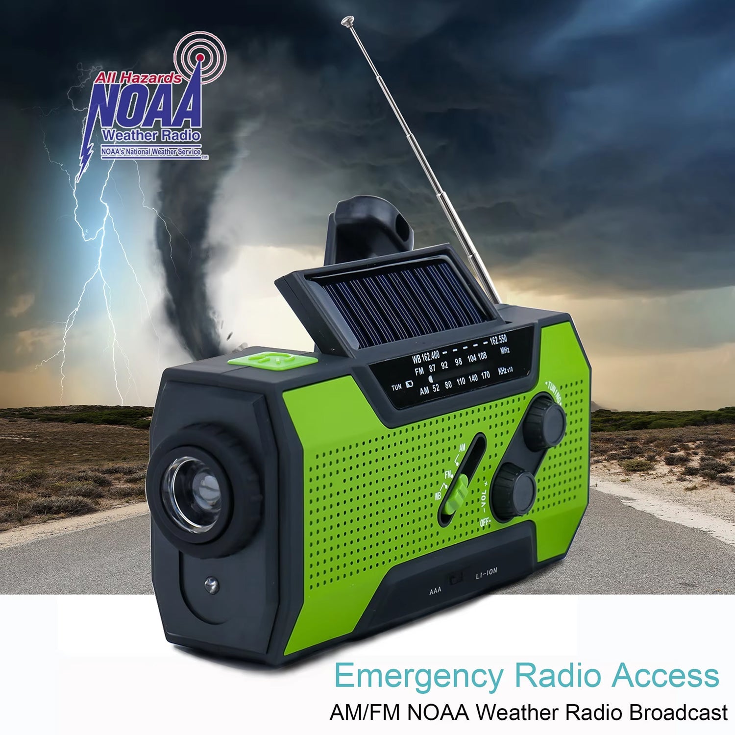 Green and black AlerSkyo Emergency Radio with solar panel on a background of a stormy sky and tornado.