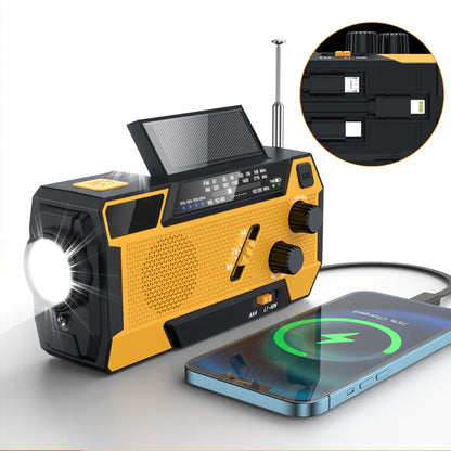 Yellow and black portable AlerSkyo Emergency Radio with solar panel and phone charging feature on a white background
