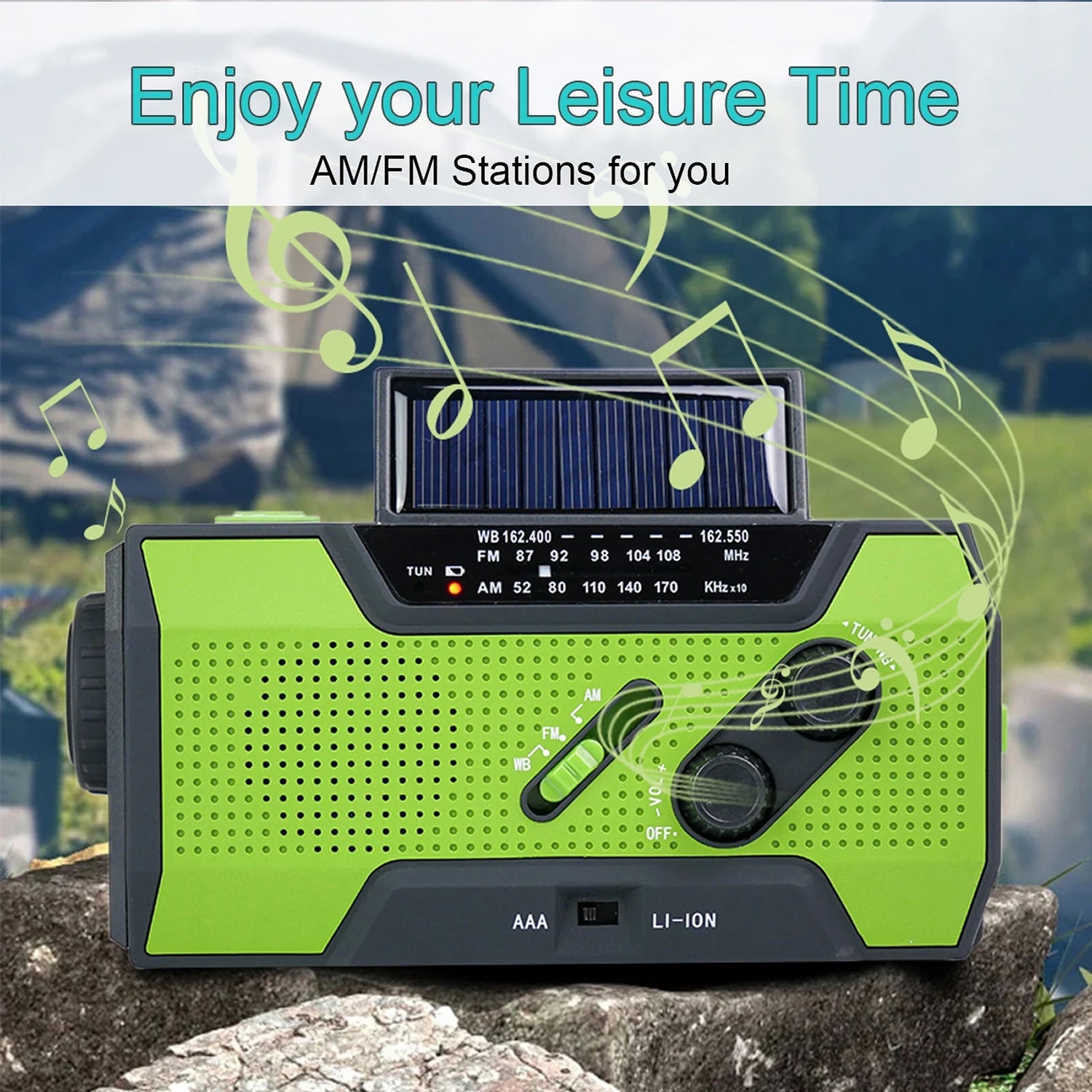 Green and black portable AlerSkyo Emergency Radio with solar panel on a natural background