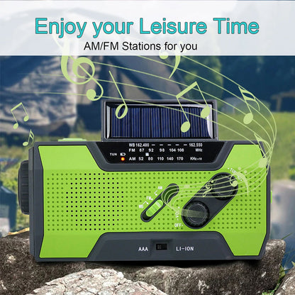Green and black portable AlerSkyo Emergency Radio with solar panel on a natural background