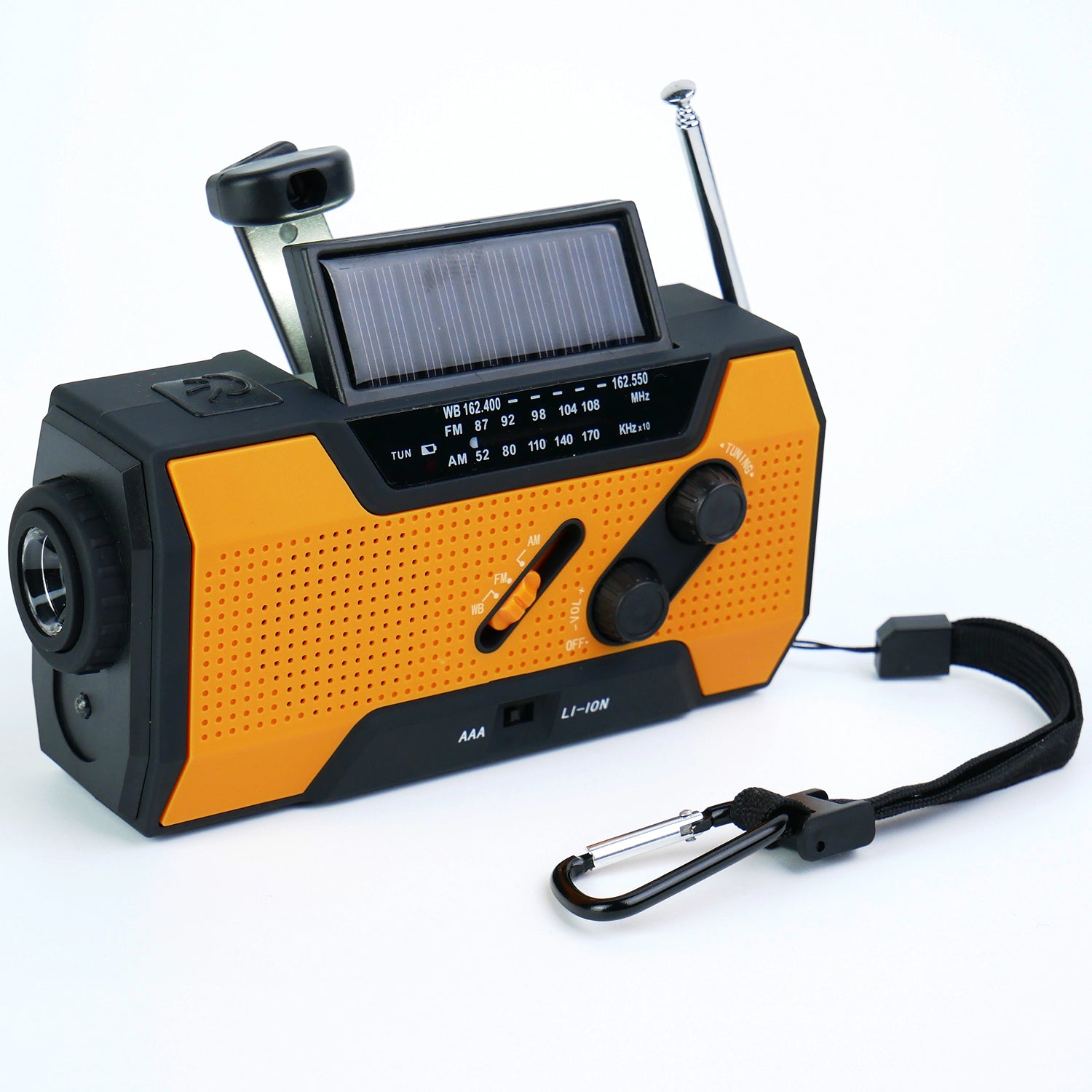 Orange and black AlerSkyo Emergency Radio with solar panel on a white background