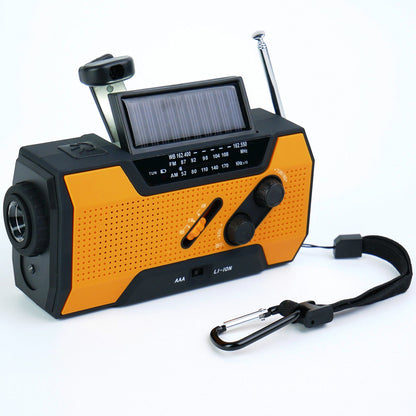 Orange and black AlerSkyo Emergency Radio with solar panel on a white background