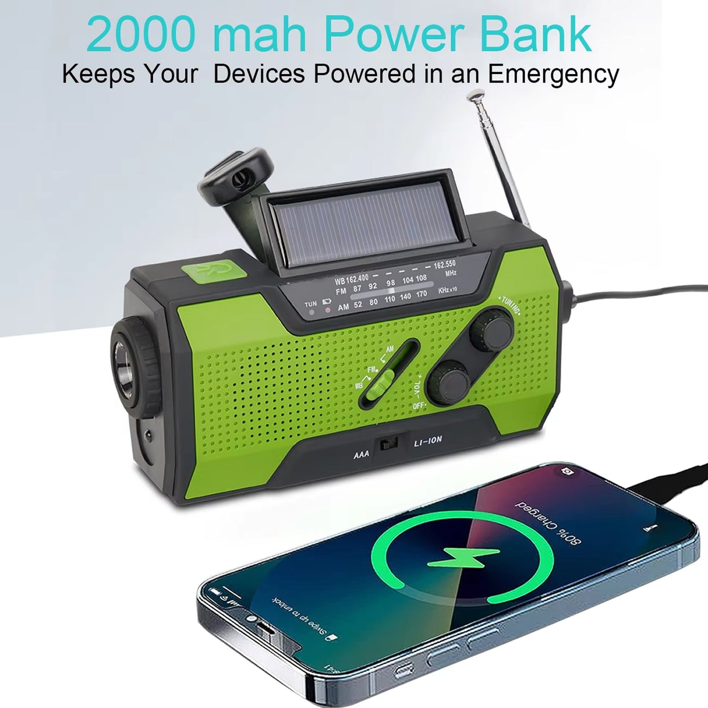 Green and black power bank with AlerSkyo Emergency Radio and flashlight functions, charging a smartphone.